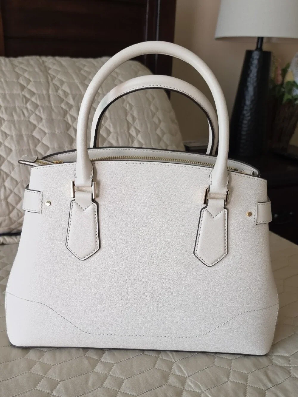 Michael Kors White Saffiano Satchel with Gold Hardware